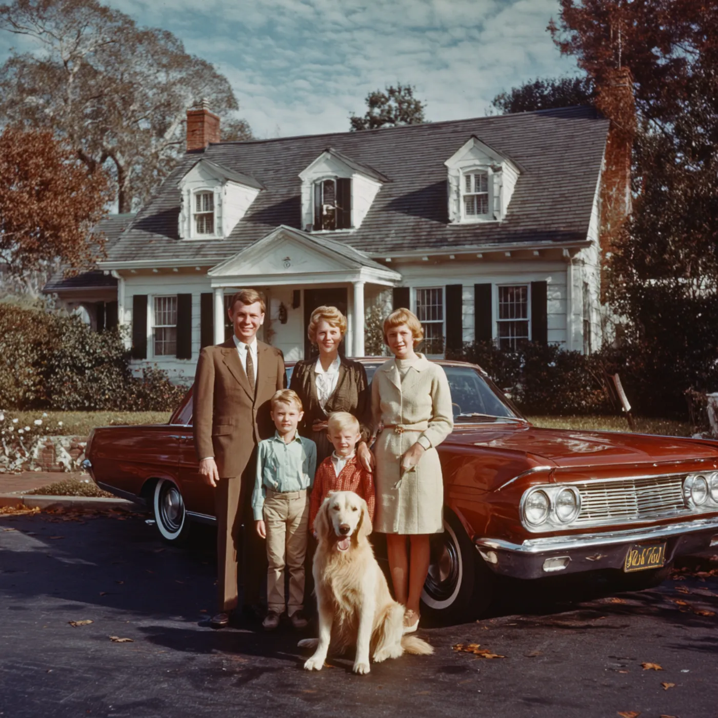 1960s American family in front of suburban home
