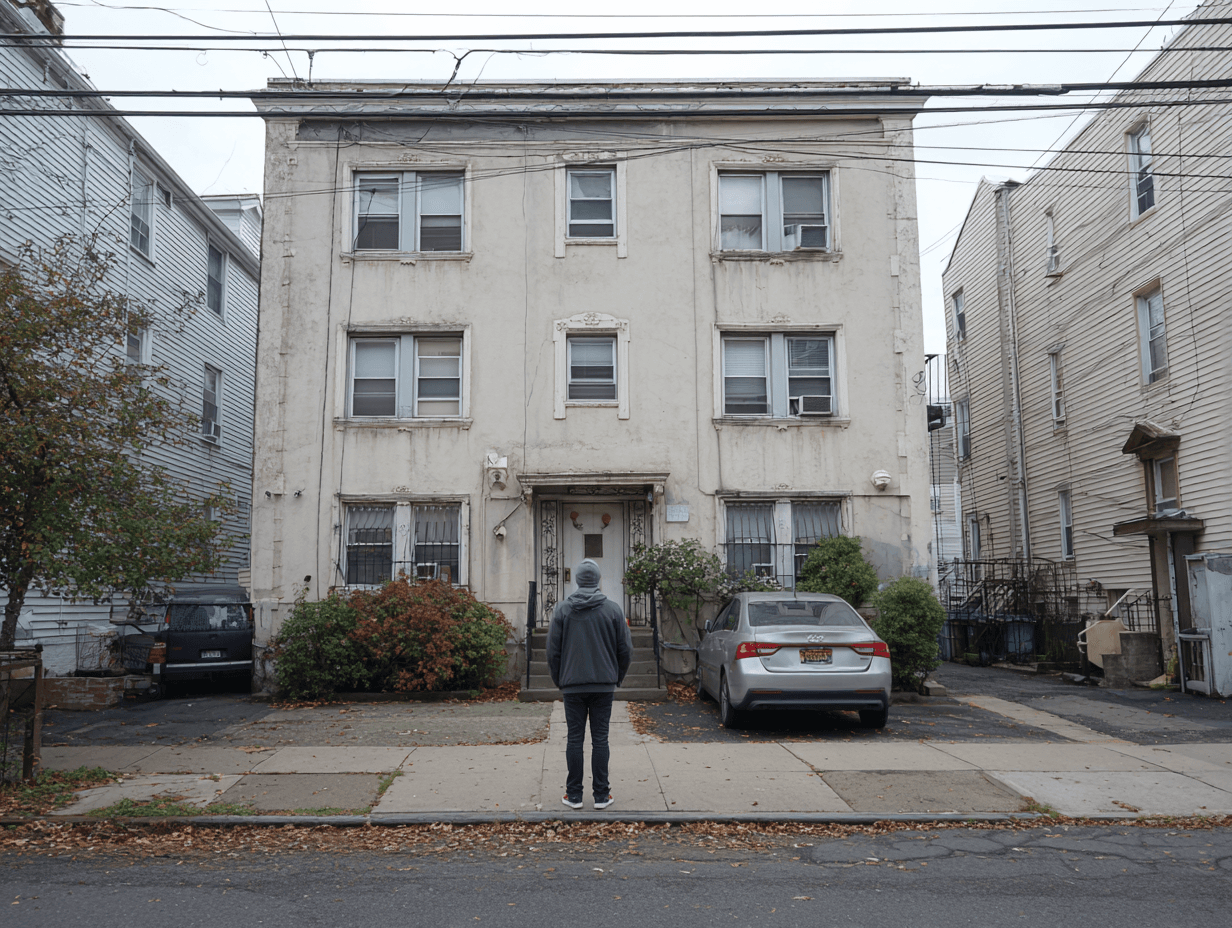 Person looking at a modest apartment building