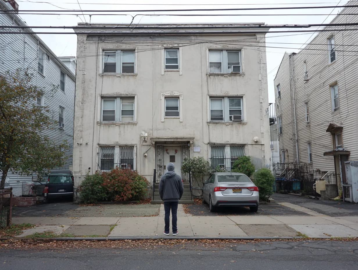 Person looking at a modest apartment building