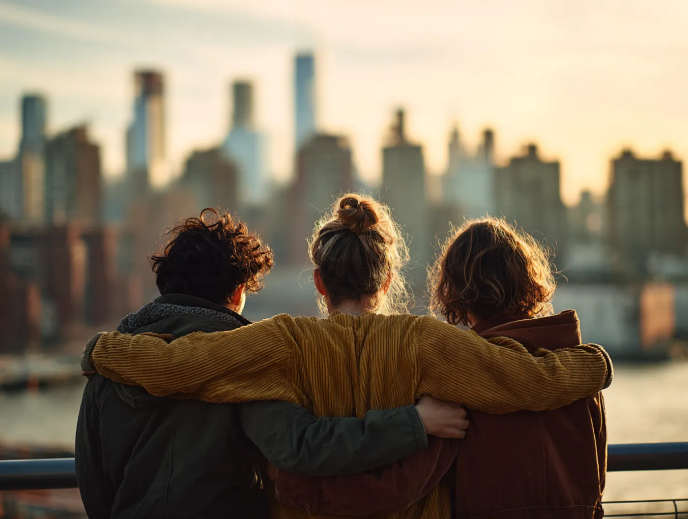 Three friends arm in arm looking at city skyline